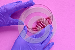 Chemist at blue glowes at laboratory. testing with glass plate, organic pills at laboratory glass for medical testings. Herbal