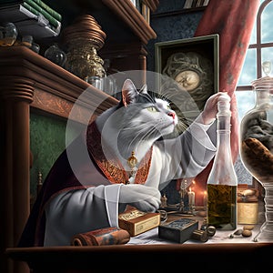 Chemist cat experiments in his laboratory