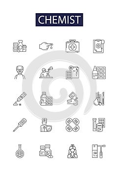 Chemist line vector icons and signs. pharmacist, apothecary, formulator, pharmacologist, toxicologist, analytical photo