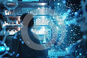 Chemist with molecular structures blending into a hightech pharmaceutical lab