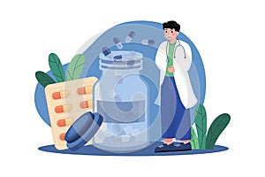 Chemist With Pills Bottle Illustration concept on white background