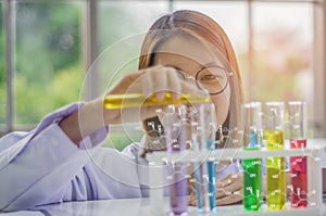 Chemist`s Test Labs with Colored Liquid Chemistry Test Tables for Cosmetics and Icons to Develop Safe Formulas for Consumers