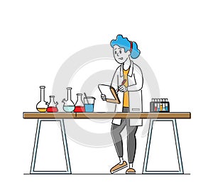 Chemist Scientist Character in White Coat Conduct Experiment in Science Laboratory. Woman Write Results of Investigation