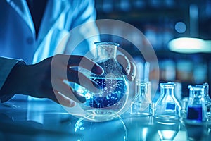 Chemist scientist or doctor examines a liquid placed in a vial in a chemical laboratory.