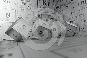 Chemistry 3d cubes background of the elements of the periodic table, carbon, hydrogen, oxygen and nitrogen, science, technology