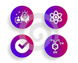 Chemistry atom, Idea and Verify icons set. Chemical formula sign. Vector