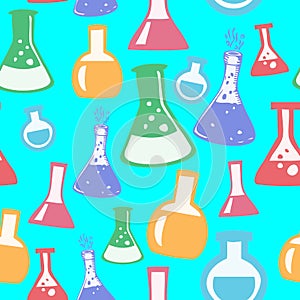 Chemistry Beakers on Cyan Background Geometrical Pattern Seamless Repeat Background