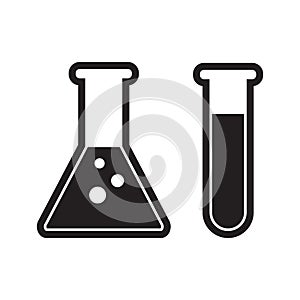 Chemistry beakers with Erlenmeyer flask and test tube holding chemicals flat icon for science apps and websites