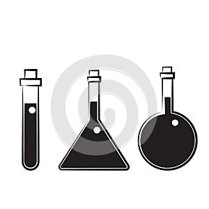 Chemistry beakers with Erlenmeyer flask and test tube holding chemicals flat vector icon for science apps and websites