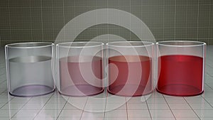 Chemistry beakers filled with colorful liquids. Pure clear water transitions to shades of red. 3d render illustration.