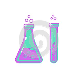 Chemistry beakers with flask and test tube holding chemicals