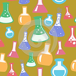 Chemistry Beakers on Gold Background Geometrical Pattern Seamless Repeat Background