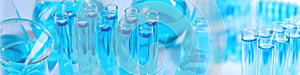 Chemistry and chemical research. Collage of different laboratory glassware with liquids, blue tone effect. Banner design