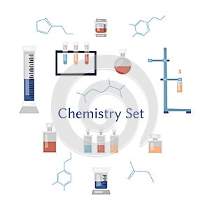 Chemistry Concept. DNA Testing, Medicinal Laboratory. Different Chemistry Tools, Laboratory Flasks, Tubes Isolated On