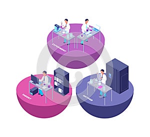 Chemistry 3d isometric research lab with chemical laboratory equipment and creative people vector illustration