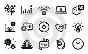 Chemistry dna, 5g wifi and Time management icons set. Work, Coronavirus statistics and Efficacy signs. Vector