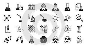 Chemistry doodle illustration including flat icons - flask, lab tube, scientist, propper, petri dish, beaker, experiment