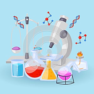 Chemistry equipment for experiments. Vials, microscope, test-tubes with reagents and DNA formulas vector background