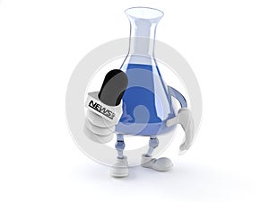 Chemistry flask character holding interview microphone
