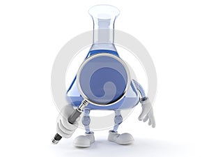 Chemistry flask character looking through magnifying glass