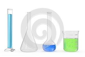 Chemistry flasks with colored liquid on white background background. Science chemistry concept. Laboratory test tubes