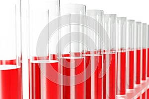 Chemistry flasks with colored liquid on white background background. Science chemistry concept. Laboratory test tubes