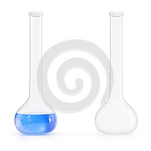 Chemistry flasks with colored liquid on white background. Science chemistry concept. Laboratory test tubes and flasks