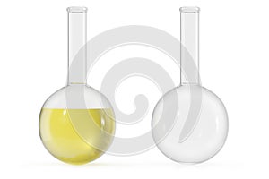 Chemistry flasks with colored liquid on white background. Science chemistry concept. Laboratory test tubes and flasks