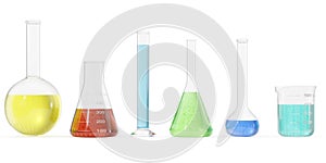 Chemistry flasks with colored liquid on white background. Science chemistry concept. Laboratory test tubes and flasks