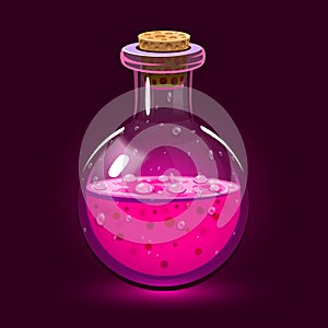 Chemistry glass bottle filled with a pink liquid potion. Love potion.