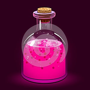 Chemistry glass bottle filled with a pink liquid potion. Love potion.