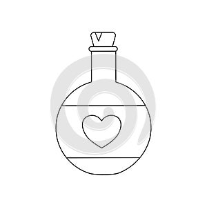 Chemistry glass bulb with love potion or aphrodisiac, flat vector outline for kids coloring book