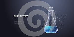 Chemistry glass lab flask with chemical blue liquid. Science beaker