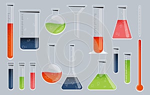 Chemistry glass. Laboratory glassware with test tube beaker flask pipette erlenmeyer flask, science instrument collection. Vector