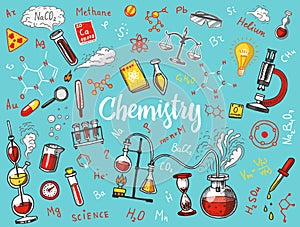 Chemistry of icons set. Chalkboard with elements, formulas, atom, test-tube and laboratory equipment. laboratory