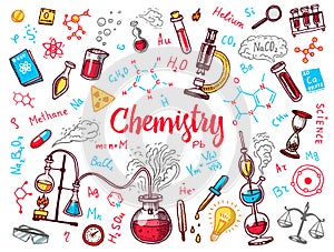 Chemistry of icons set. Chalkboard with elements, formulas, atom, test-tube and laboratory equipment. laboratory