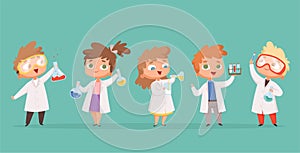 Chemistry kids. Science children school characters in lab vector cartoon people