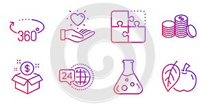 Chemistry lab, 24h service and Banking money icons set. Puzzle, Hold heart and 360 degrees signs. Vector