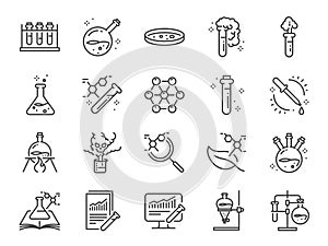 Chemistry lab icon set. Included icons as Chemical, formula, Medical analysis, Laboratory test flask, experiment and more.