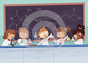 Chemistry lab. Science boy and girls teenager learning research processes vector characters cartoon background