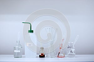 Chemistry laboratory common equipment with reagents