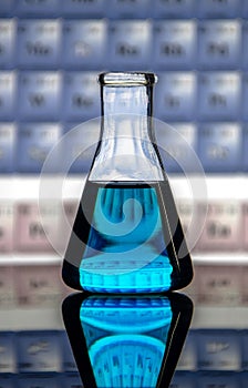 Chemistry laboratory conical flask on a reflecting surface and periodic table background