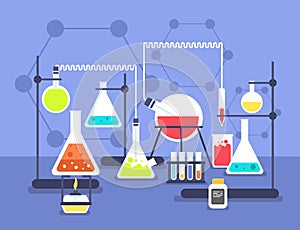 Chemistry laboratory experiment. Research lab science technology. Chemical laboratory vector flat concept