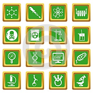 Chemistry laboratory icons set green square vector