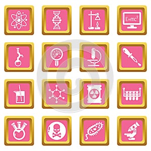 Chemistry laboratory icons set pink square vector