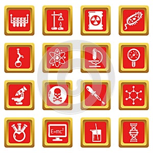 Chemistry laboratory icons set red square vector