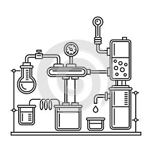 Chemistry Laboratory Infographic with Some Reaction. Line Style Vector