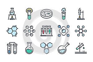 Chemistry and laboratory related color line icon set.
