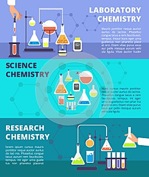 Chemistry laboratory research lab and science technology, biological lab experiment vector banners set