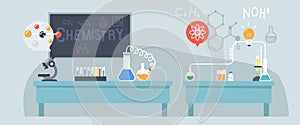 Chemistry Laboratory for Scientific Research, Lab with Science Equipment, Microscope, Chalkboard, Beakers, Test Tubes